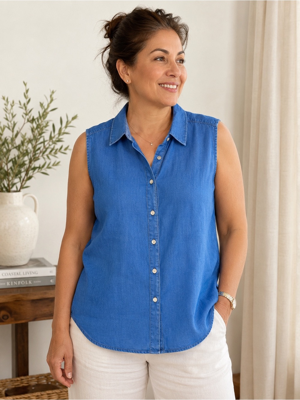 Tommy Bahama 100% Linen Sleeveless Button Front Blouse NWT Blue Large